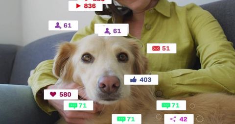Woman relaxing with golden retriever and floating social media icons