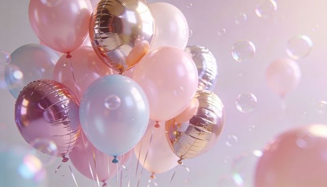 Floating pastel balloons and rose gold foil cluster with iridescent soap bubbles