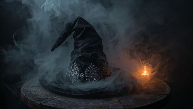 Mystical Witch Hat Surrounded by Ethereal Smoke and Candlelight