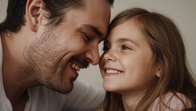 Smiling father and daughter leaning foreheads closeup intimate family bonding portrait