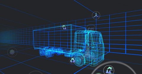 Futuristic semi-truck wireframe in digital grid