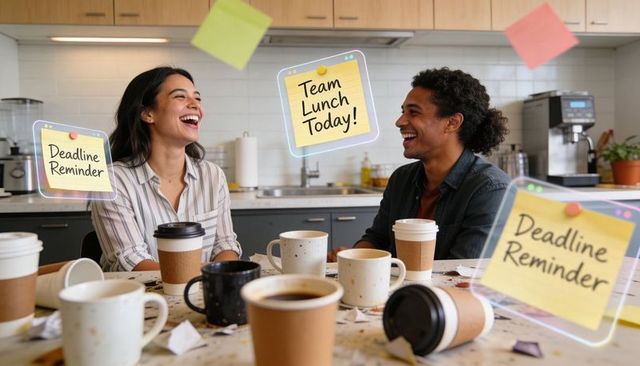Laughing coworkers sharing coffee and chat in office kitchen with sticky-note reminders