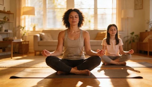 Mother and Daughter Practicing Meditation and Mindfulness in Sunlit Living Room for Home Wellness
