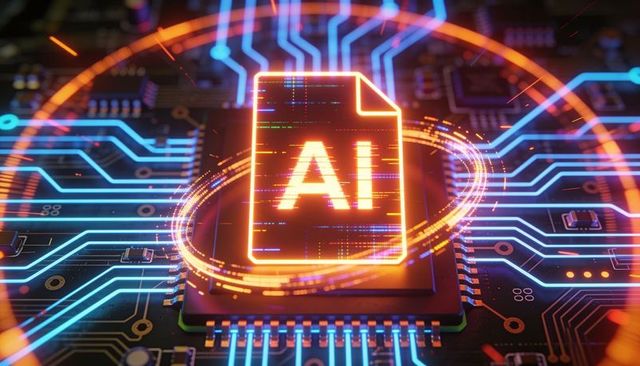 Glowing ai document icon hovering over microprocessor neon circuit traces and data ring