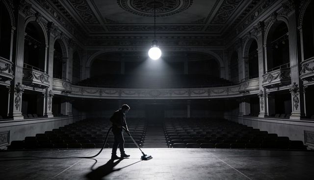 Nighttime stage custodian vacuuming empty ornate theater under spotlight