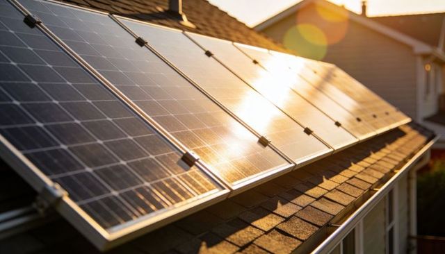 Glinting Solar Panels on Residential Roof at Golden Hour Showing Mounting Brackets