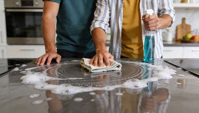 Men cleaning glass ceramic cooktop with spray bottle and microfiber rag in modern kitchen