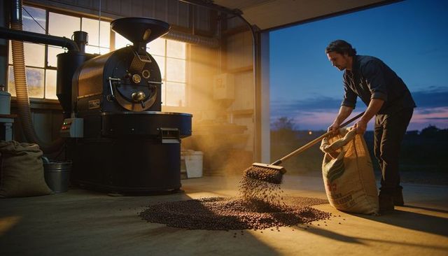 Artisan roaster sweeping fresh coffee beans at dusk in rustic drum roastery workshop