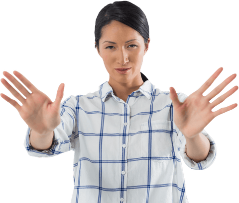 transparent asian woman gesturing stop in checkered shirt - Download Free Stock Videos Pikwizard.com