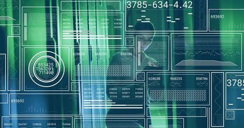 Businesswoman Engages with Futuristic Digital Data Panels in Control Room