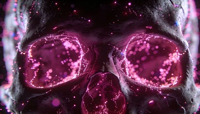Neon magenta human skull with glowing particles and light trails, cinematic macro bokeh