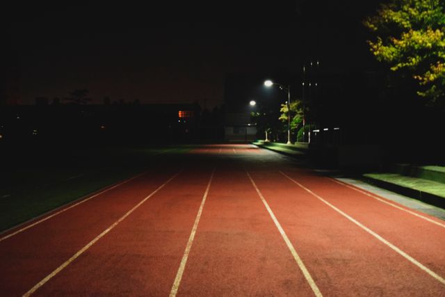 Capturing the serene and calm scene of an empty outdoor athletic track at night illuminated by street lights, this image highlights the tranquil atmosphere perfect for use in fitness, health, and sports-related content. Also suitable for themes of solitude and quiet in urban settings.