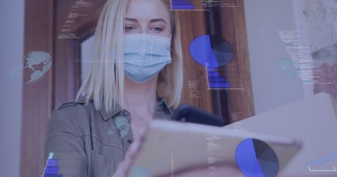 Masked courier delivering package amidst digital data overlays