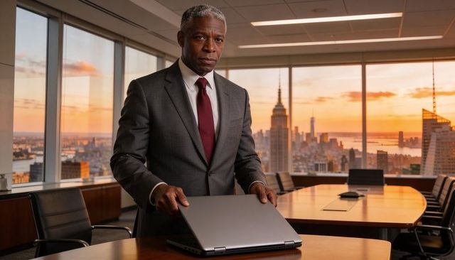 Confident black corporate executive closing laptop in sunset boardroom with city skyline