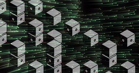 Futuristic digital cubes with neon green light streaks