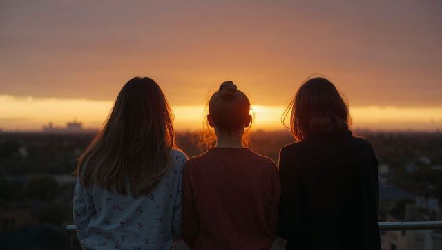 Three friends watching urban sunset from rooftop balcony at golden hour silhouette