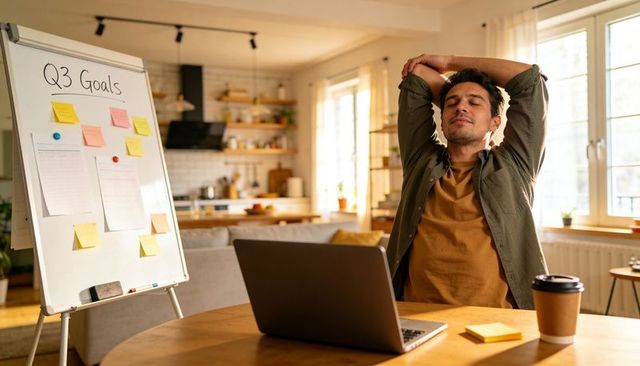 Man stretching at home workspace with q3 goals board, laptop and coffee in sunlit kitchen