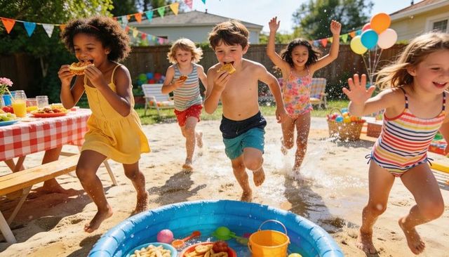 Children running and splashing at backyard summer pool party with snacks and balloons