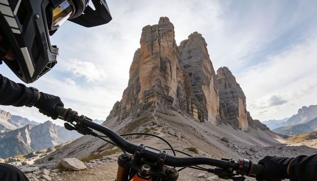 Riding mountain bike along rugged alpine trail toward towering limestone peaks in dolomites