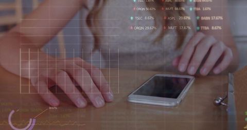 Resting Female Hands Near Smartphone with Financial Data Charts Overlay on Oak Desk