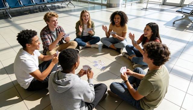 Teen friends playing cards in airport terminal circle laughing and relaxing together