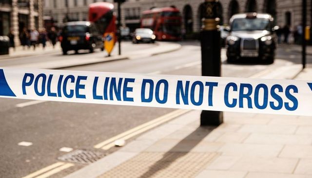 Police line tape blocking london street with red double-decker buses and black cab