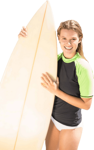 Caucasian Female Surfer with Surfboard on Transparent Background