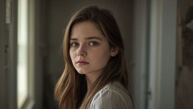 Gazing teenage girl turning head toward soft window light, introspective closeup, daylight