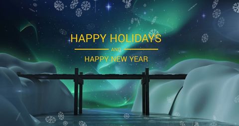 Happy Holidays Banner with Snowflakes and Bridge in Winter Wonderland