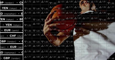 Businessmen shaking hands in trading room with currency ticker overlay signaling corporate finance p