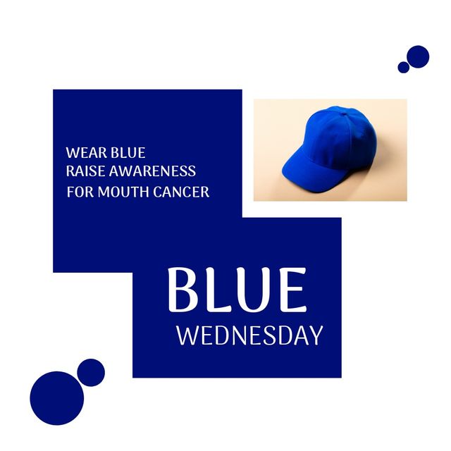 Composite of cap and wear blue raise awareness for mouth cancer with blue wednesday text, copy space. Mouth cancer, disease, healthcare, support, awareness and prevention concept.