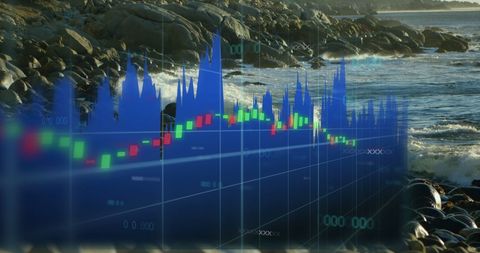Financial Graph Over Ocean Landscape Depicting Economic Trends