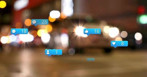 Virtual Social Media Notifications in a Vivid Night Cityscape