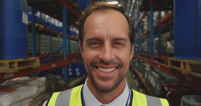 Happy caucasian male warehouse manager face close up in warehouse. Business, management, work, shipping, storage and industry,