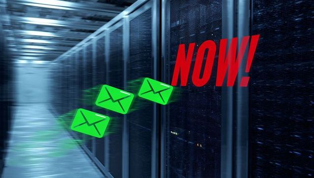 High-speed urgent email delivery through data center corridor with green envelopes now!
