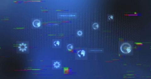 Futuristic digital interface with tech icons and grid overlay