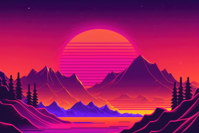 Vaporwave landscape with mountains and sun, created using generative ai technology - Download Free Stock Photos Pikwizard.com