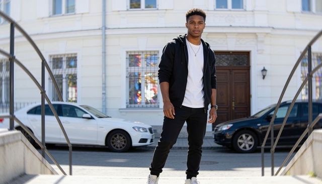Young man standing on sunlit city steps wearing black hoodie, white t-shirt and sneakers