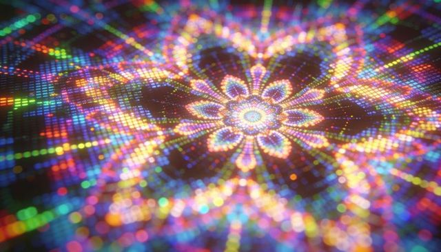 Glowing led mandala mosaic radiating neon colors on digital grid with bokeh dots