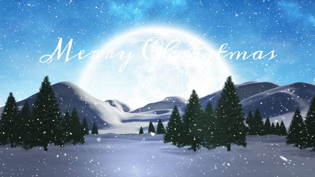 Beautiful Christmas card featuring festive greeting text, snow falling, full moon, and serene winter landscape. Ideal for holiday season greetings, festive invitations, and seasonal decorations.