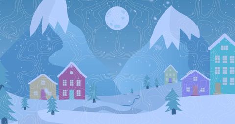 Snowy Winter Village Scene with Falling Snowflakes and Map Overlay