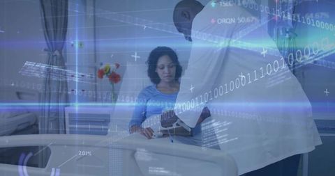 Doctor Administering IV in Hospital with Digital Overlay