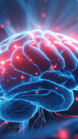Glowing 3D Brain Pulsing Red Nodes Along Lit Neural Pathways Vertical Science Video
