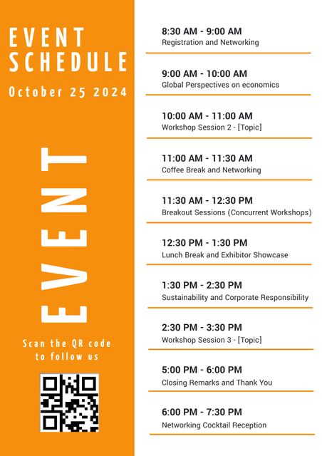 This event schedule outlines detailed timings for various sessions of an economics seminar on October 25, 2024. It includes registration, networking, multiple workshop sessions, lunch break, exhibitor showcase, sustainability talk, and a cocktail reception. Ideal for participants preparing for the seminar or businesses setting up their schedules around these sessions.