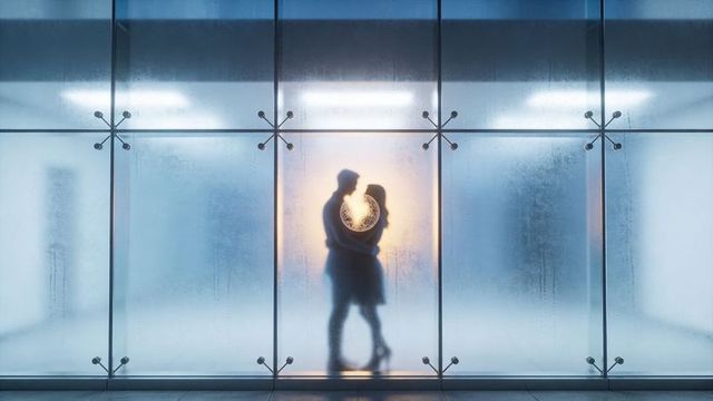 Backlit silhouette couple embracing behind frosted glass with warm halo in modern lobby