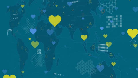 Dynamic Heart Icons Over Global Technology Map