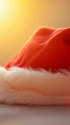 Red Santa Hat Glowing in Warm Light Close-Up Vertical Video Showing Fur Texture