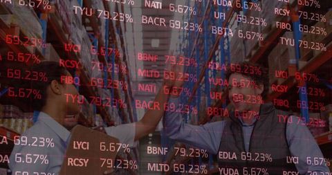 Diverse business team celebrating success in warehouse amid stock market overlay
