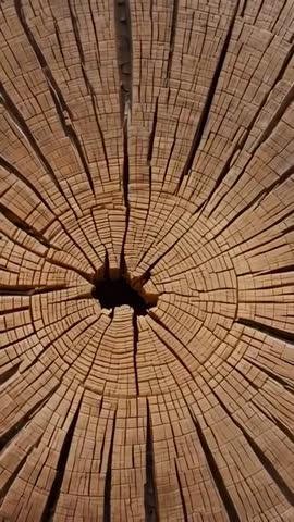 Vertical Zooming Over Sunlit Weathered Stump Revealing Hollow Core, Growth Rings and Radial Cracks