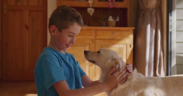 This image shows a young boy with joyful expression bonding with his golden retriever inside a sunlit home interior. The boy is gently touching the dog's head, showcasing affection and companionship. Ideal use includes materials focused on pet care, child-dog relationships, emotional well-being, and family-oriented ads.